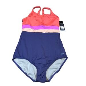 Speedo Womens Banded Colorblock One Piece Swimsuit Navy Coral Size 10 NEW